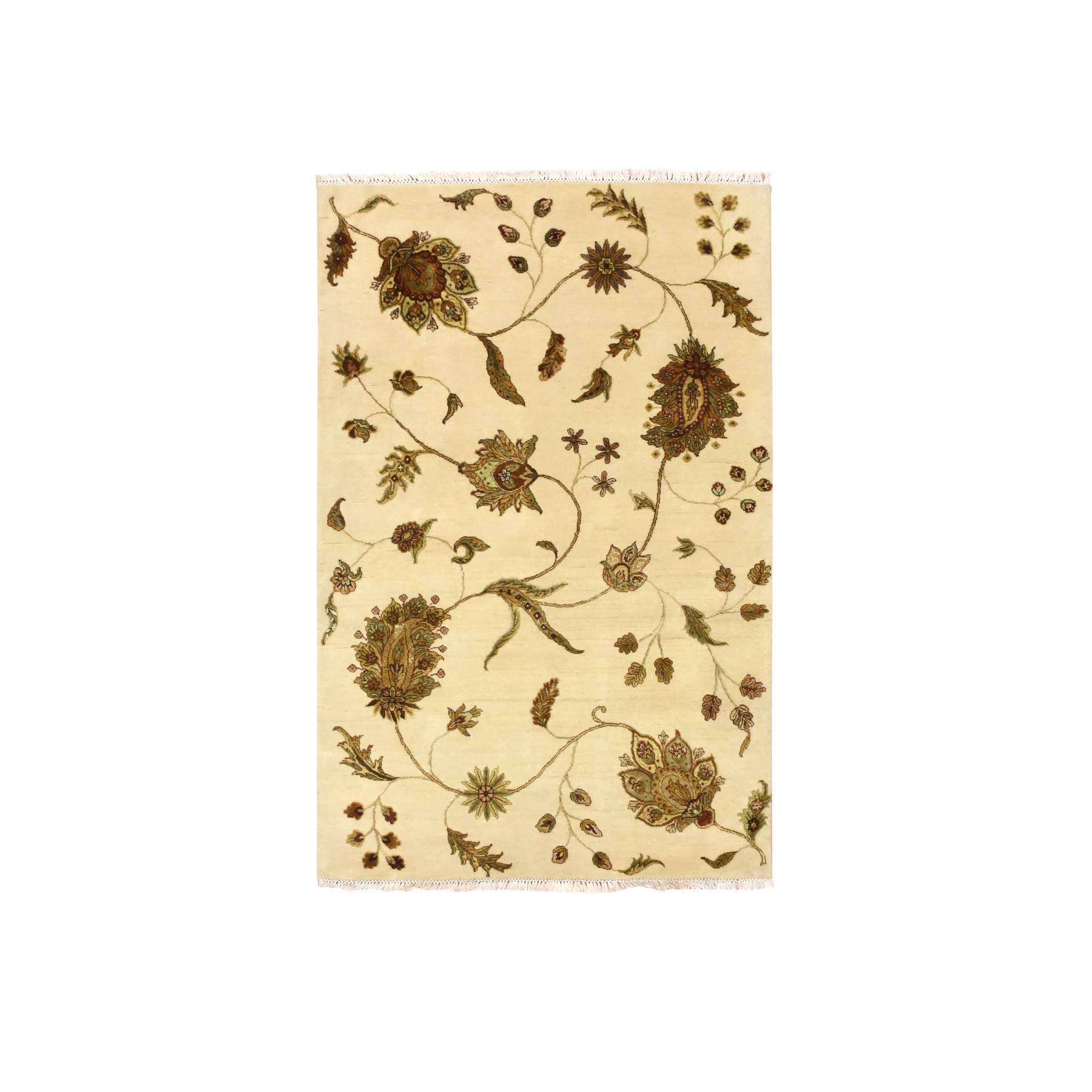 Parchment White, Botanical Design, Borderless, Half Wool and Half Silk, Densely Woven, Soft Pile, Hand Knotted, Oriental Rug